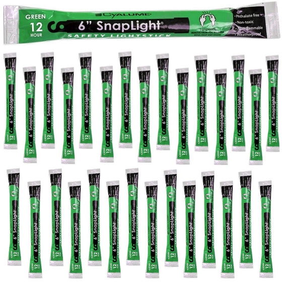 Cyalume Green Glow Sticks – 12 Hours of Premium Bright Light, 6” SnapLight Light Sticks for a Variety of Uses (30 Pack)