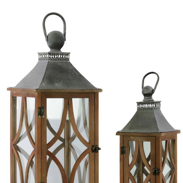 Galvanized Metal Top Wooden Lantern with Ring, Set of 2, Brown and Gray