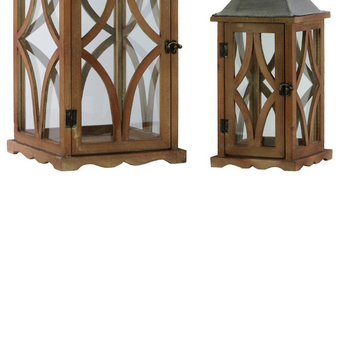 Galvanized Metal Top Wooden Lantern with Ring, Set of 2, Brown and Gray