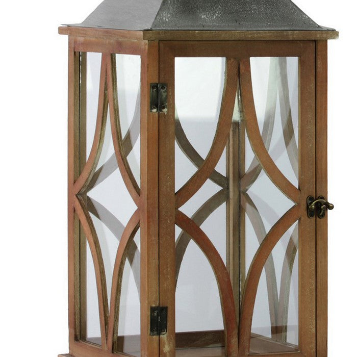 Galvanized Metal Top Wooden Lantern with Ring, Set of 2, Brown and Gray