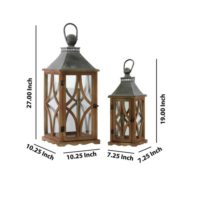 Galvanized Metal Top Wooden Lantern with Ring, Set of 2, Brown and Gray