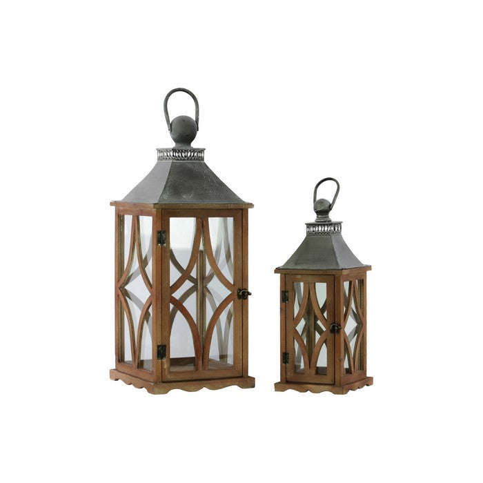 Galvanized Metal Top Wooden Lantern with Ring, Set of 2, Brown and Gray