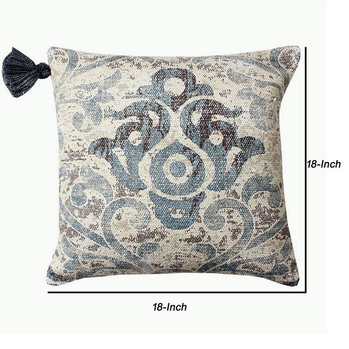 18 X 18 Inch Cotton Handwoven Cushion Cover with Block Prints, Off White