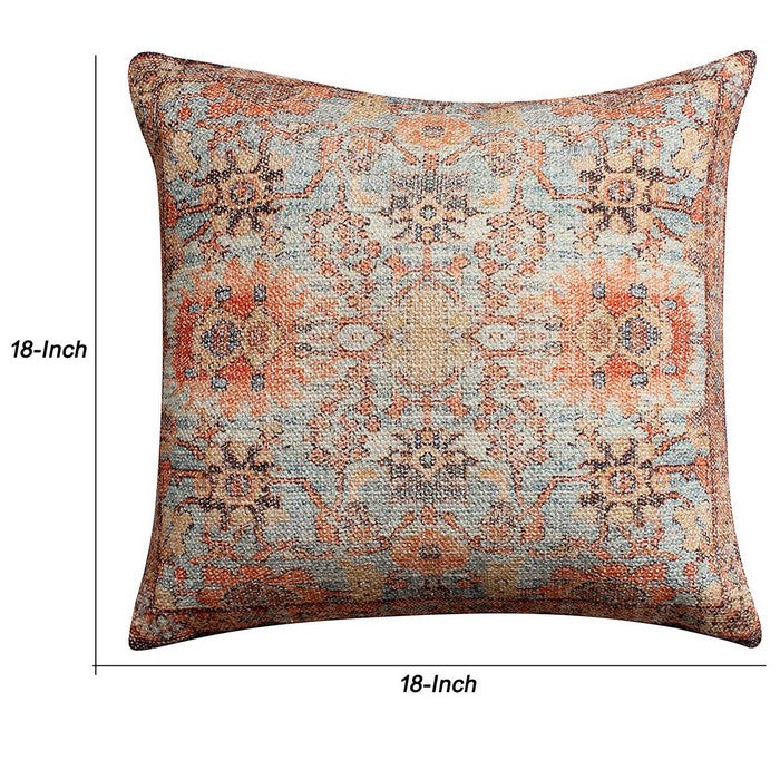 18 x 18 Floral Print Cotton Accent Pillow Cover, Orange and Brown
