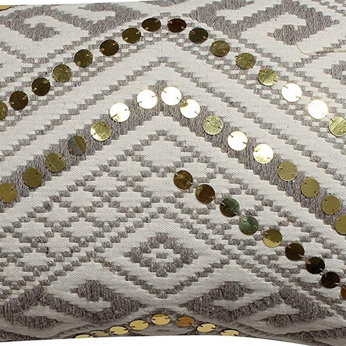 Geometric Pattern Dhurrie Cushion Cover with Sequin Embellishment, Gray