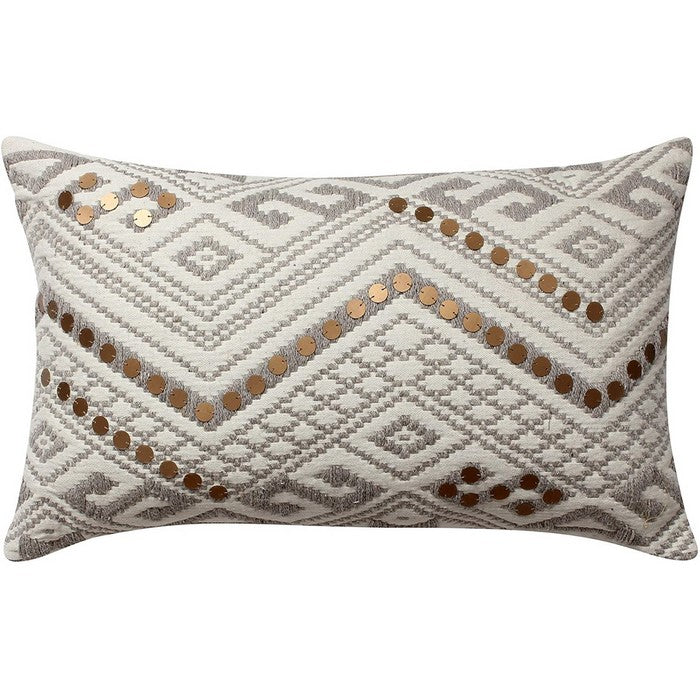 Dhurrie Cushion Cover with Applique Embellishment and Sequin Pattern, Gray