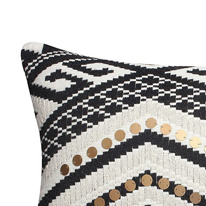 Sequin Embellished Cotton Cushion Cover with Geometric Print,Black and White