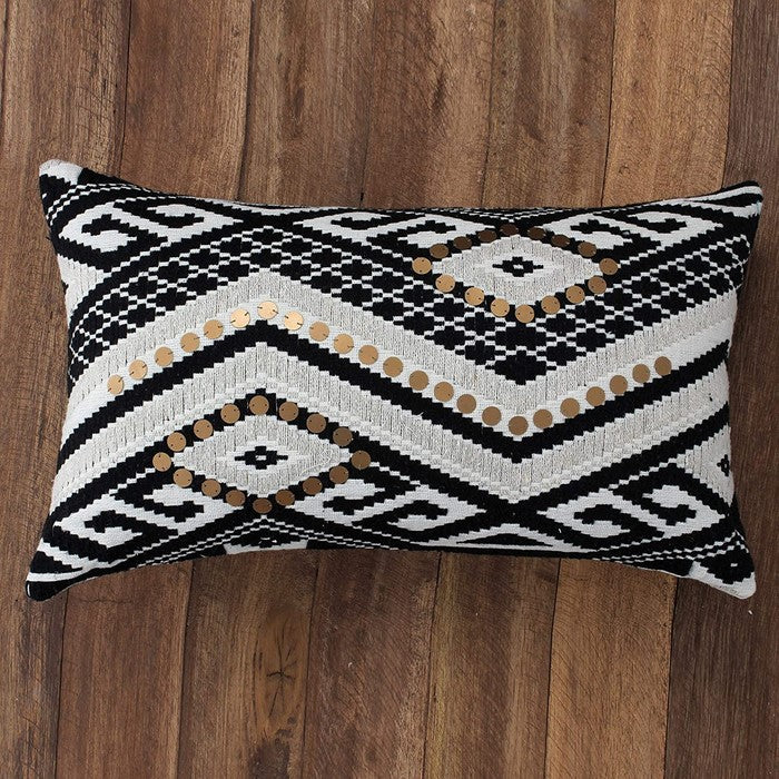 Sequin Embellished Cotton Cushion Cover with Geometric Print,Black and White