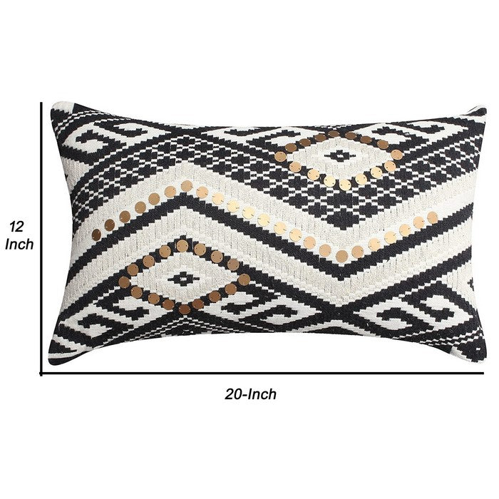 Sequin Embellished Cotton Cushion Cover with Geometric Print,Black and White