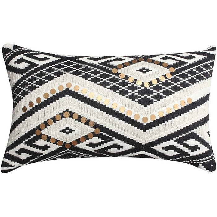 Sequin Embellished Cotton Cushion Cover with Geometric Print,Black and White