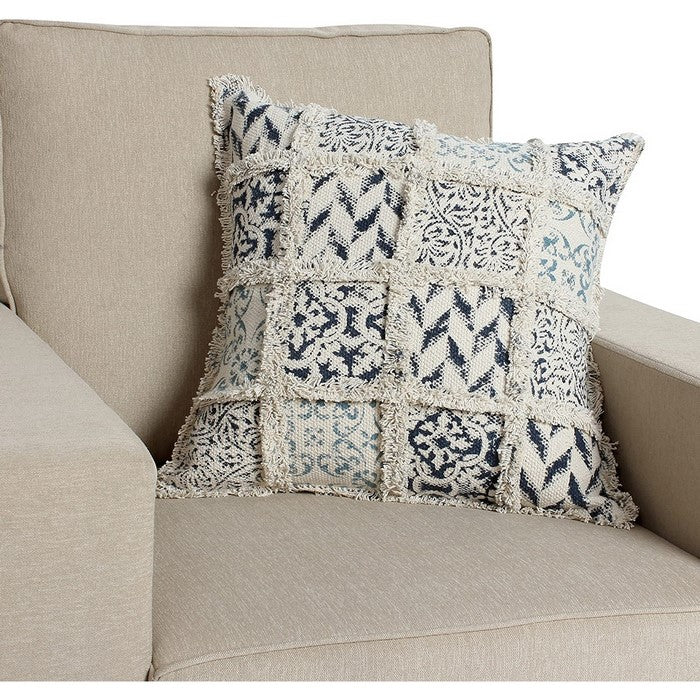 Cotton Block Printed Dhurrie Cushion Cover with Trimmed Fringe Design, White