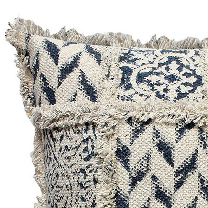 Cotton Block Printed Dhurrie Cushion Cover with Trimmed Fringe Design, White