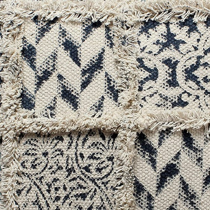 Cotton Block Printed Dhurrie Cushion Cover with Trimmed Fringe Design, White