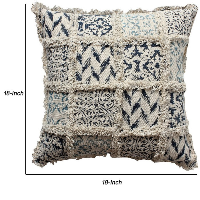 Cotton Block Printed Dhurrie Cushion Cover with Trimmed Fringe Design, White