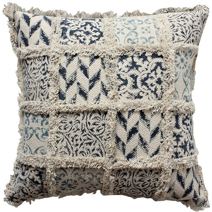 Cotton Block Printed Dhurrie Cushion Cover with Trimmed Fringe Design, White