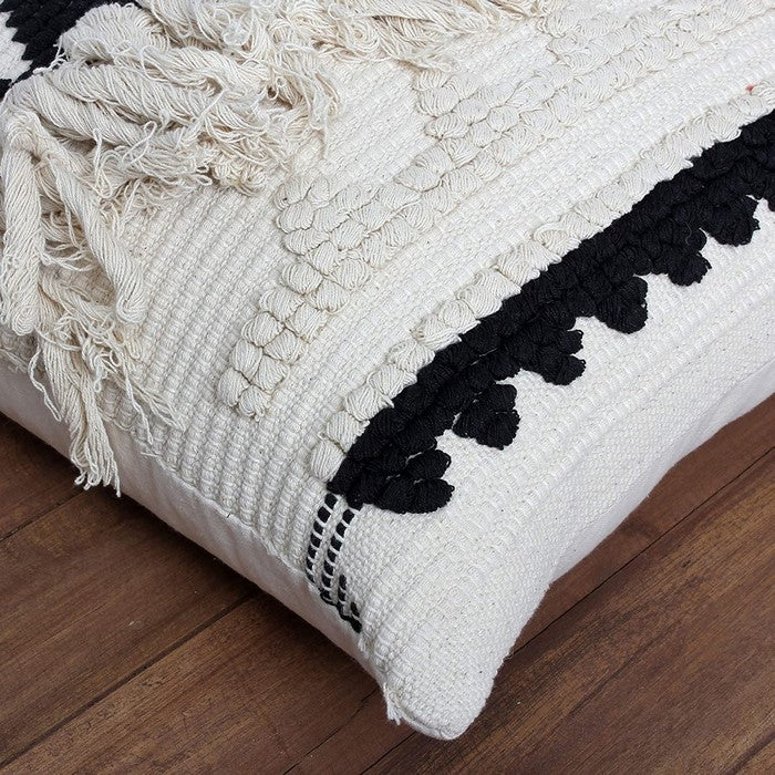 20 x 20 Fringed Cotton Accent Pillow Cover, White and Black