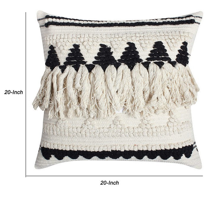 20 x 20 Fringed Cotton Accent Pillow Cover, White and Black