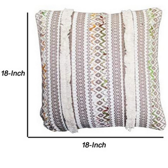 18 x 18 Kilim Printed Cotton Accent Pillow Cover, White and Gray