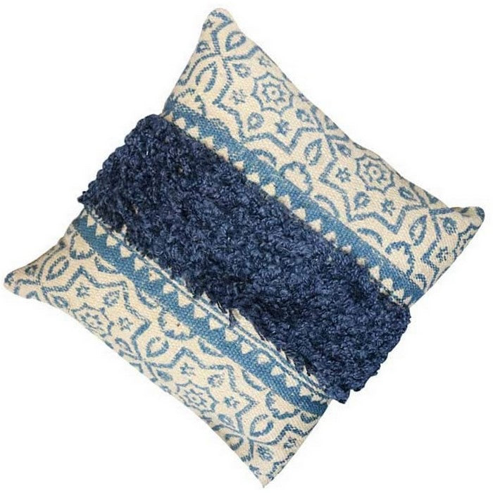 18 x 18 Fringed Cotton Accent Pillow Cover, Blue and Cream