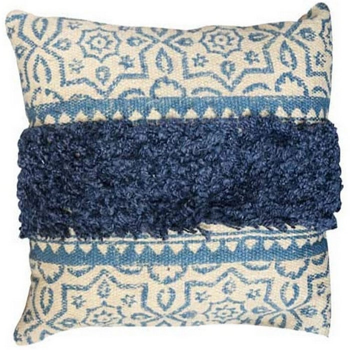 18 x 18 Fringed Cotton Accent Pillow Cover, Blue and Cream