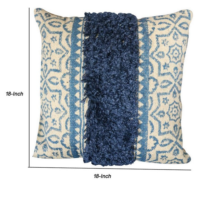 18 x 18 Fringed Cotton Accent Pillow Cover, Blue and Cream