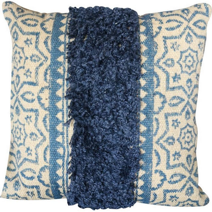 18 x 18 Fringed Cotton Accent Pillow Cover, Blue and Cream