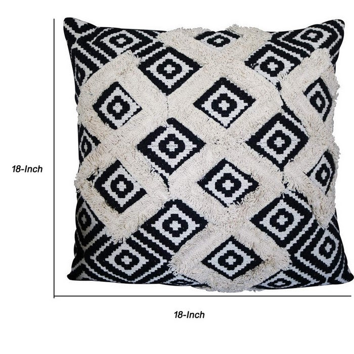 18 x 18 Geometric and Fringe Accent Pillow Cover, Black and White