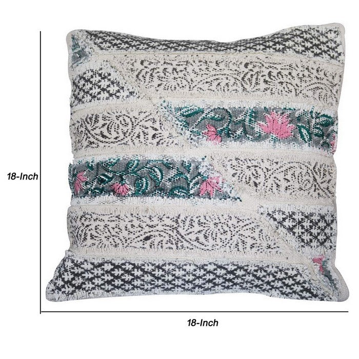 18 x 18 Cotton Accent Pillow Cover with Block Print, White and Black