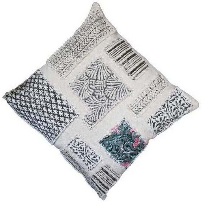 18 x 18 Patched Cotton Accent Pillow Cover with Block Print, White and Black