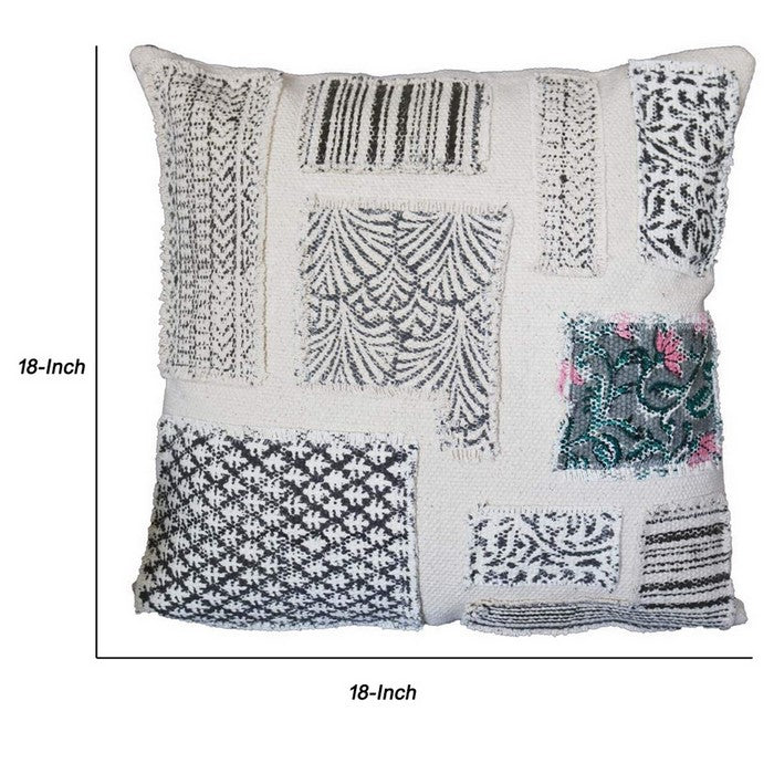 18 x 18 Patched Cotton Accent Pillow Cover with Block Print, White and Black