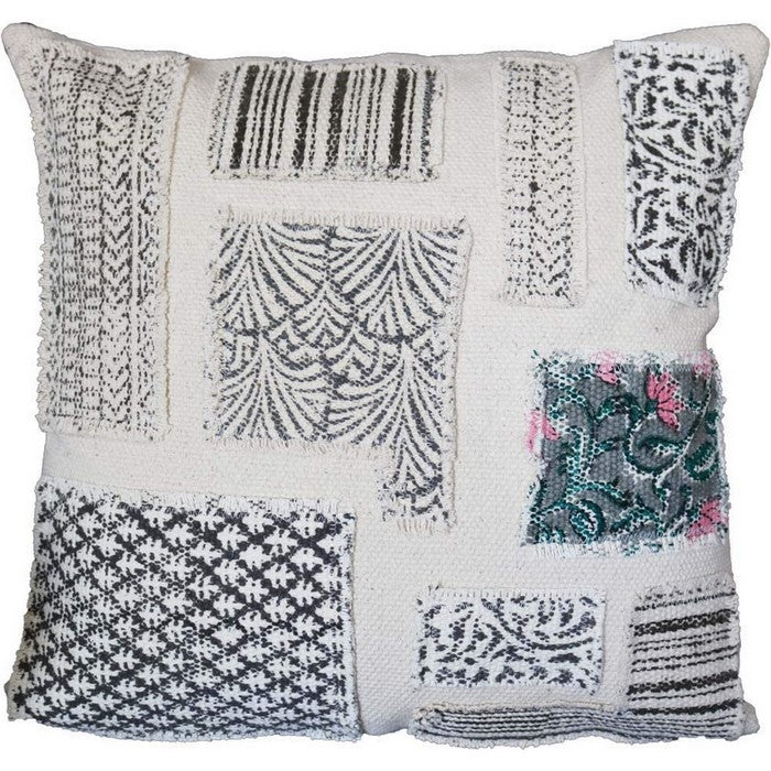 18 x 18 Patched Cotton Accent Pillow Cover with Block Print, White and Black