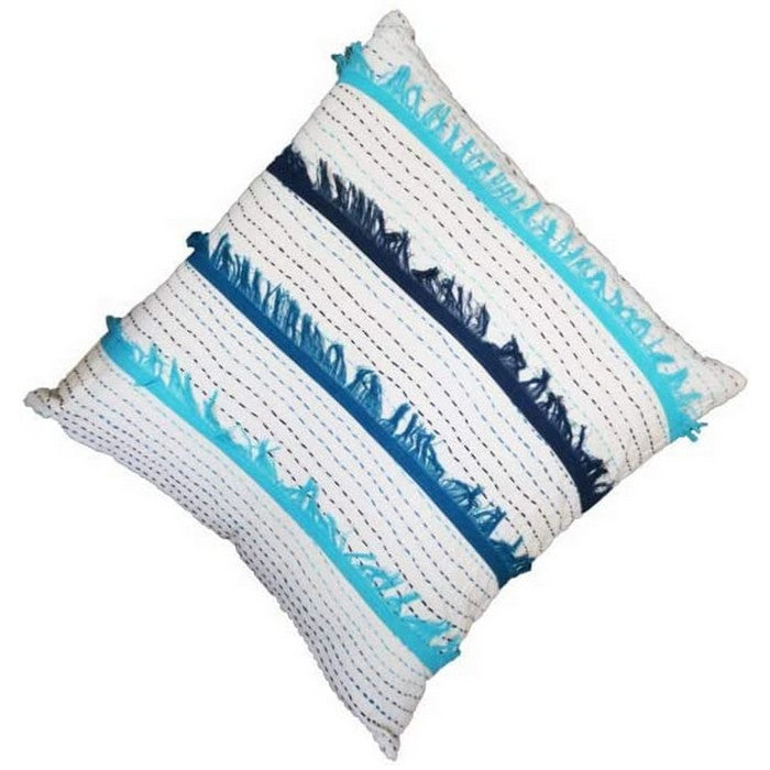 18 x 18 Hand Embroidered Cotton Accent Pillow Cover, White and Blue