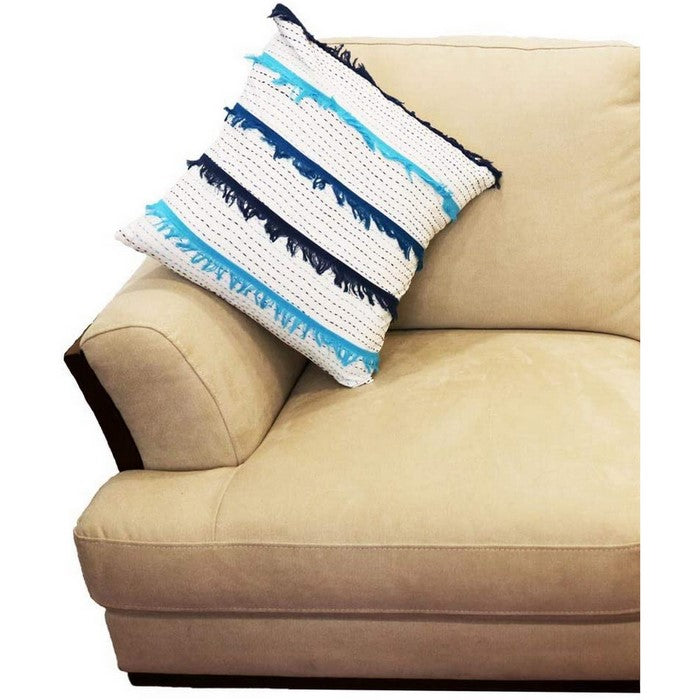 18 x 18 Hand Embroidered Cotton Accent Pillow Cover, White and Blue