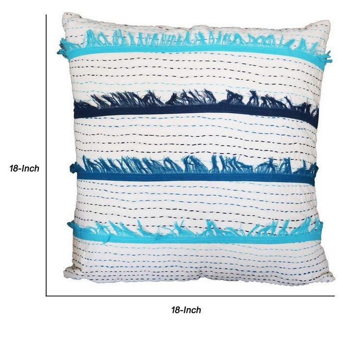 18 x 18 Hand Embroidered Cotton Accent Pillow Cover, White and Blue