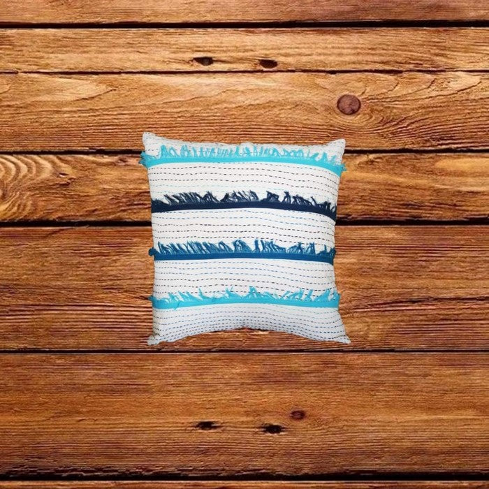 18 x 18 Hand Embroidered Cotton Accent Pillow Cover, White and Blue
