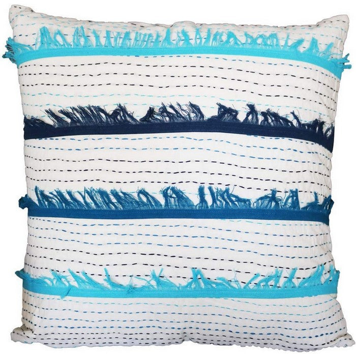 18 x 18 Hand Embroidered Cotton Accent Pillow Cover, White and Blue