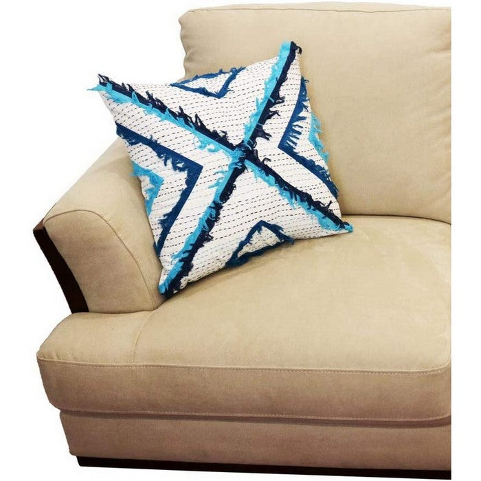 18 x 18 Embroidered Cotton Applique Accent Pillow Cover, White and Blue