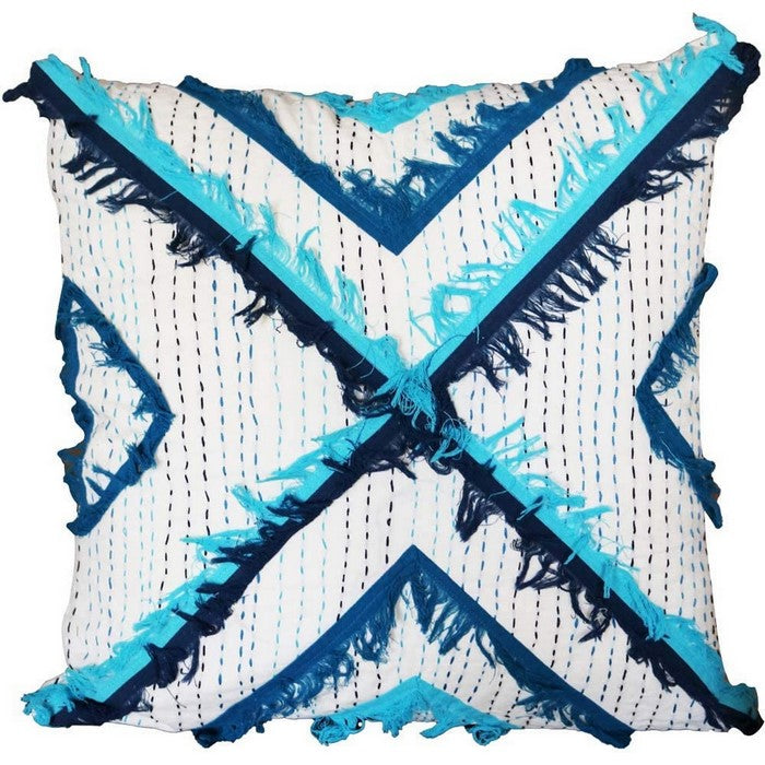18 x 18 Embroidered Cotton Applique Accent Pillow Cover, White and Blue