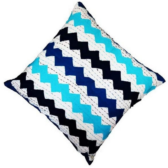 Square Embroidered Cotton Cushion Cover with Zig Zag Pattern, Multicolor