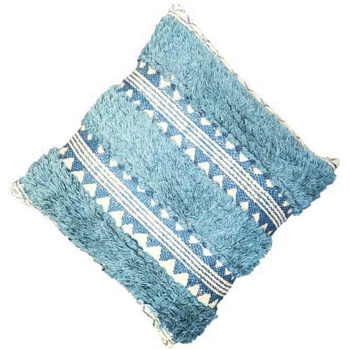 18 x 18 Fringed and Block Printed Cotton Accent Pillow Cover, White and Blue