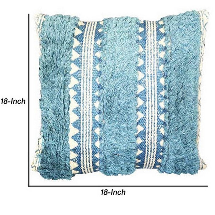 18 x 18 Fringed and Block Printed Cotton Accent Pillow Cover, White and Blue