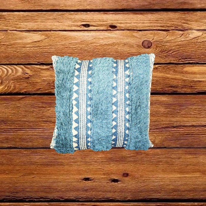 18 x 18 Fringed and Block Printed Cotton Accent Pillow Cover, White and Blue