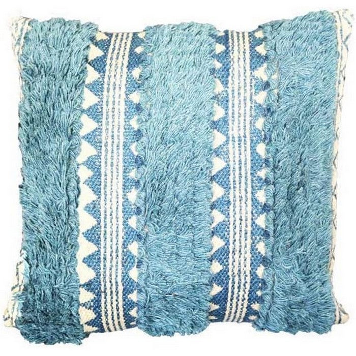18 x 18 Fringed and Block Printed Cotton Accent Pillow Cover, White and Blue