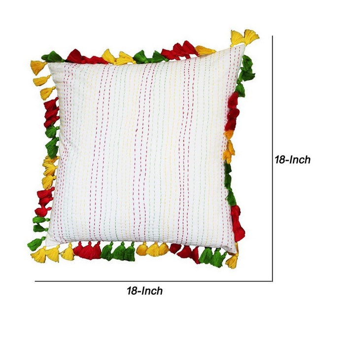 18 x 18 Fringe Embellished Cotton Accent Pillow Cover, Multicolor