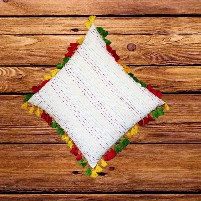 18 x 18 Fringe Embellished Cotton Accent Pillow Cover, Multicolor
