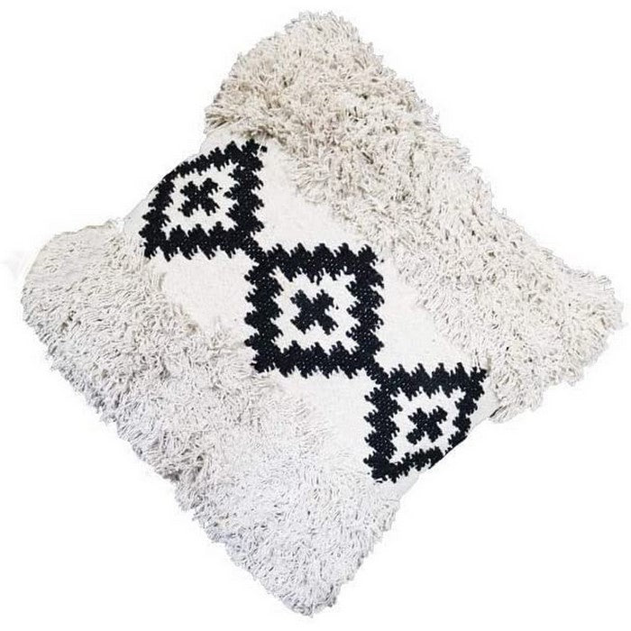 18 x 18 Geometric Print and Fringed Accent Pillow Cover, Black and White