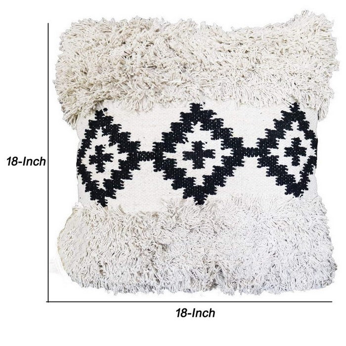 18 x 18 Geometric Print and Fringed Accent Pillow Cover, Black and White