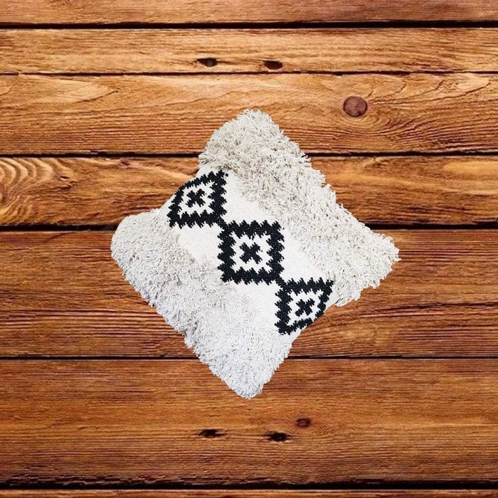 18 x 18 Geometric Print and Fringed Accent Pillow Cover, Black and White