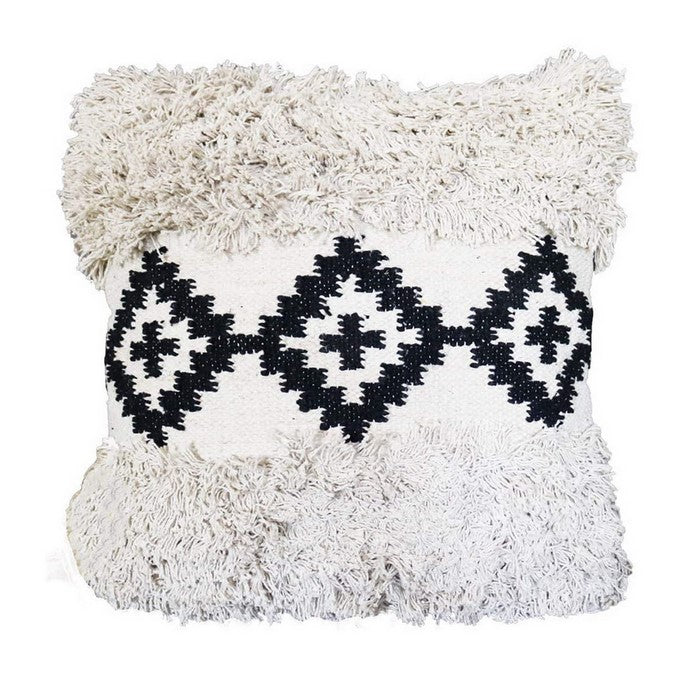 18 x 18 Geometric Print and Fringed Accent Pillow Cover, Black and White