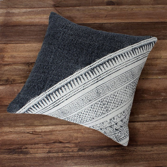 18 X 18 Inch Dhurrie Cushion Cover with Diagonal Pattern, Gray and White